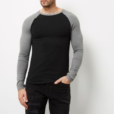 Black raglan muscle fit long sleeve T-shirt